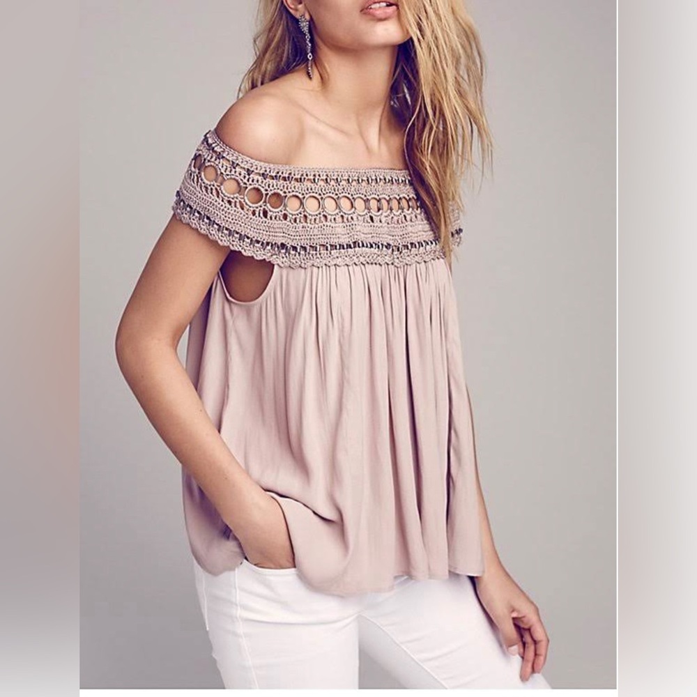 Free People Blush Pink Crochet Off-Shoulder Top